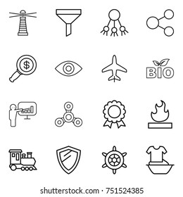 thin line icon set : lighthouse, funnel, share, dollar magnifier, eye, plane, bio, presentation, spinner, medal, flammable, train, shield, handwheel, handle washing