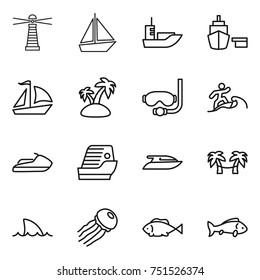 thin line icon set : lighthouse, boat, sea shipping, port, sail, island, diving mask, surfer, jet ski, cruise ship, yacht, palm hammock, shark flipper, jellyfish, fish