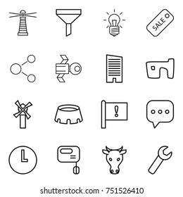 thin line icon set : lighthouse, funnel, bulb, sale, molecule, satellite, skyscraper, slum, windmill, stadium, important flag, sms, clock, mixer, cow, wrench