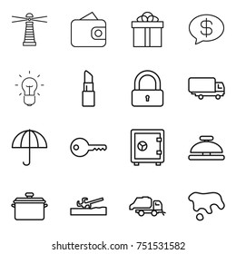 thin line icon set : lighthouse, wallet, gift, money message, bulb, lipstick, lock, shipping, dry cargo, key, safe, service bell, pan, soil cutter, trash truck, spot