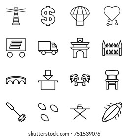thin line icon set : lighthouse, dollar, parachute, cardio chip, delivery, arch, gothic architecture, bridge, package, palm hammock, chair, whisk, seeds, iron board, bug