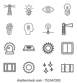 thin line icon set : lighthouse, bulb, eye, head, laser, alarm, taxi, sun, power switch, window, shining, clean