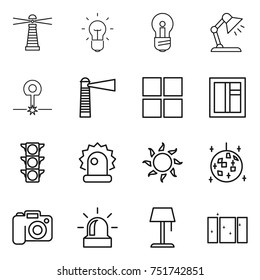 thin line icon set : lighthouse, bulb, table lamp, laser, window, traffic light, alarm, sun, disco ball, camera, floor, clean