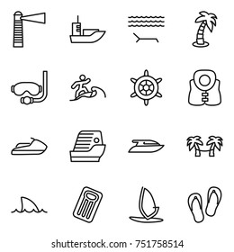 thin line icon set : lighthouse, sea shipping, lounger, palm, diving mask, surfer, handwheel, life vest, jet ski, cruise ship, yacht, hammock, shark flipper, inflatable mattress, windsurfing