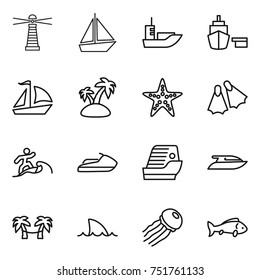 thin line icon set : lighthouse, boat, sea shipping, port, sail, island, starfish, flippers, surfer, jet ski, cruise ship, yacht, palm hammock, shark flipper, jellyfish, fish