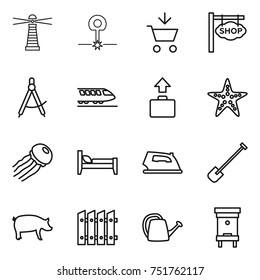 thin line icon set : lighthouse, laser, add to cart, shop signboard, draw compass, train, baggage, starfish, jellyfish, bed, iron, shovel, pig, fence, watering can, hive