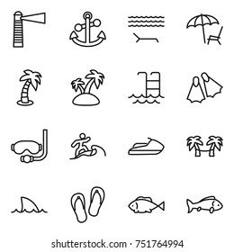 thin line icon set : lighthouse, anchor, lounger, palm, island, pool, flippers, diving mask, surfer, jet ski, hammock, shark flipper, flip flops, fish