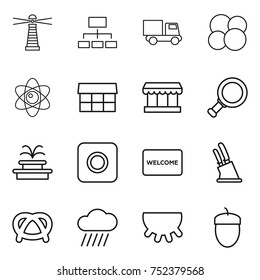 thin line icon set : lighthouse, hierarchy, truck, atom core, market, magnifier, fountain, ring button, welcome mat, knife holder, pretzel, rain cloud, udder, acorn