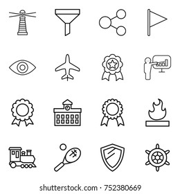 thin line icon set : lighthouse, funnel, share, flag, eye, plane, medal, presentation, university, flammable, train, tennis, shield, handwheel