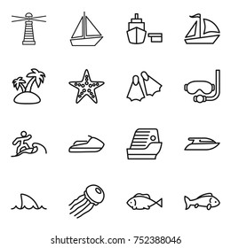 thin line icon set : lighthouse, boat, port, sail, island, starfish, flippers, diving mask, surfer, jet ski, cruise ship, yacht, shark flipper, jellyfish, fish