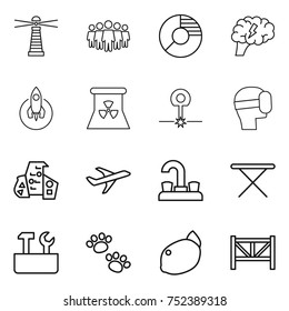 thin line icon set : lighthouse, team, circle diagram, brain, rocket, nuclear power, laser, virtual mask, modern architecture, plane, water tap, iron board, repair tools, pets, lemon, farm fence
