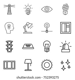 thin line icon set : lighthouse, bulb, eye, head, table lamp, laser, window, traffic light, taxi, alarm, floor, sun, shining