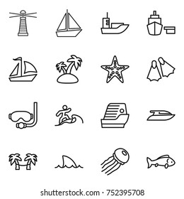 thin line icon set : lighthouse, boat, sea shipping, port, sail, island, starfish, flippers, diving mask, surfer, cruise ship, yacht, palm hammock, shark flipper, jellyfish, fish