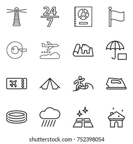 thin line icon set : lighthouse, 24 7, annual report, flag, cell corection, weather management, project, insurance, ticket, tent, surfer, iron, inflatable pool, rain cloud, clean floor