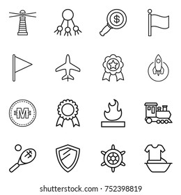 thin line icon set : lighthouse, share, dollar magnifier, flag, plane, medal, rocket, crypto currency, flammable, train, tennis, shield, handwheel, handle washing