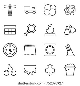 thin line icon set : lighthouse, truck, atom core, market, magnifier, flammable, flippers, watch, curtain, ring button, knife holder, cherry, udder, maple leaf, foam bucket