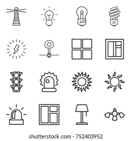 thin line icon set : lighthouse, bulb, lightning, laser, window, traffic light, alarm, sun, floor lamp, hard reach place cleaning