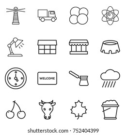 thin line icon set : lighthouse, truck, atom core, table lamp, market, stadium, watch, welcome mat, turk, rain cloud, cherry, cow, maple leaf, foam bucket