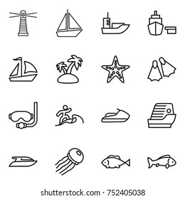 thin line icon set : lighthouse, boat, sea shipping, port, sail, island, starfish, flippers, diving mask, surfer, jet ski, cruise ship, yacht, jellyfish, fish