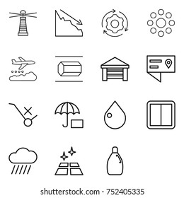 thin line icon set : lighthouse, crisis, around gear, round, weather management, nano tube, garage, location details, do not trolley sign, insurance, drop, power switch, rain cloud, clean floor