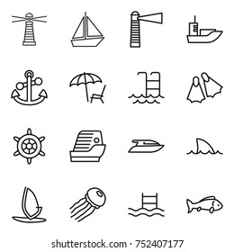 thin line icon set : lighthouse, boat, sea shipping, anchor, lounger, pool, flippers, handwheel, cruise ship, yacht, shark flipper, windsurfing, jellyfish, fish