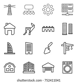 thin line icon set : lighthouse, structure, round around, server, home, greate wall, bridge, skyscrapers, skyscraper, construction, tower crane, house, office, garage, washing machine