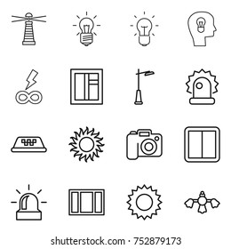 thin line icon set : lighthouse, bulb, head, infinity power, window, outdoor light, alarm, taxi, sun, camera, switch, hard reach place cleaning