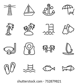 thin line icon set : lighthouse, boat, anchor, lounger, palm, island, pool, flippers, diving mask, life vest, hammock, windsurfing, flip flops, fish