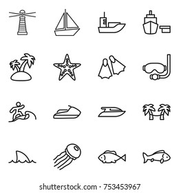 thin line icon set : lighthouse, boat, sea shipping, port, island, starfish, flippers, diving mask, surfer, jet ski, yacht, palm hammock, shark flipper, jellyfish, fish