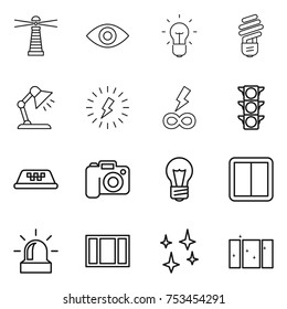 thin line icon set : lighthouse, eye, bulb, table lamp, lightning, infinity power, traffic light, taxi, camera, switch, alarm, window, shining, clean
