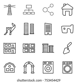 thin line icon set : lighthouse, hierarchy, molecule, home, greate wall, skyscrapers, skyscraper, slum, modular house, panel, district, construction, arch, washing machine