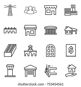 thin line icon set : lighthouse, group, shop, store, bridge, airport building, house with garage, brick, fort, arch window, tax, tower, skyscrapers cleaning, housing