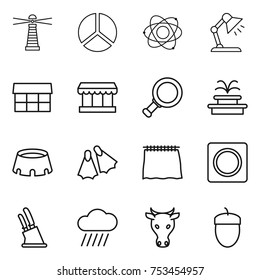 thin line icon set : lighthouse, diagram, atom, table lamp, market, magnifier, fountain, stadium, flippers, curtain, ring button, knife holder, rain cloud, cow, acorn