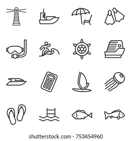 thin line icon set : lighthouse, sea shipping, lounger, flippers, diving mask, surfer, handwheel, cruise ship, yacht, inflatable mattress, windsurfing, jellyfish, flip flops, pool, fish