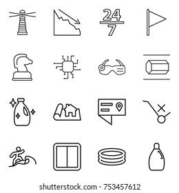 thin line icon set : lighthouse, crisis, 24 7, flag, chess horse, chip, smart glasses, nano tube, cleanser, project, location details, do not trolley sign, surfer, power switch, inflatable pool