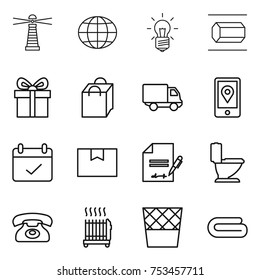 thin line icon set : lighthouse, globe, bulb, nano tube, gift, shopping bag, delivery, mobile location, terms, package box, inventory, toilet, phone, radiator, trash bin, towel
