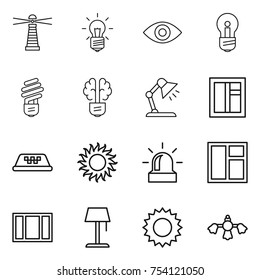 thin line icon set : lighthouse, bulb, eye, brain, table lamp, window, taxi, sun, alarm, floor, hard reach place cleaning