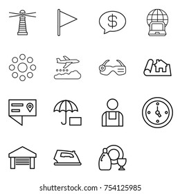 thin line icon set : lighthouse, flag, money message, notebook globe, round around, weather management, smart glasses, project, location details, workman, watch, garage, iron