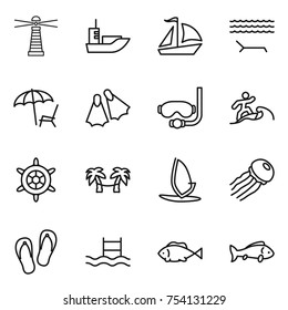 thin line icon set : lighthouse, sea shipping, sail boat, lounger, flippers, diving mask, surfer, handwheel, palm hammock, windsurfing, jellyfish, flip flops, pool, fish