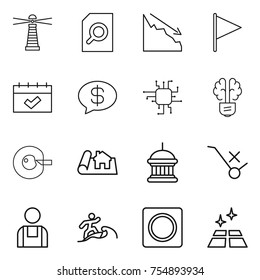 thin line icon set : lighthouse, search document, crisis, flag, calendar, money message, chip, bulb brain, cell corection, project, goverment house, do not trolley sign, workman, surfer, ring button