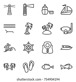 thin line icon set : lighthouse, port, sail boat, lounger, palm, island, diving mask, surfer, handwheel, life vest, yacht, hammock, flip flops, fish
