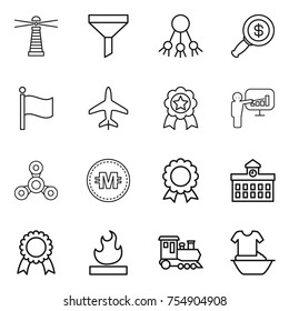 thin line icon set : lighthouse, funnel, share, dollar magnifier, flag, plane, medal, presentation, spinner, crypto currency, university, flammable, train, handle washing