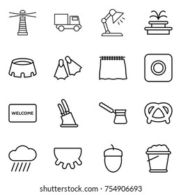 thin line icon set : lighthouse, truck, table lamp, fountain, stadium, flippers, curtain, ring button, welcome mat, knife holder, turk, pretzel, rain cloud, udder, acorn, foam bucket