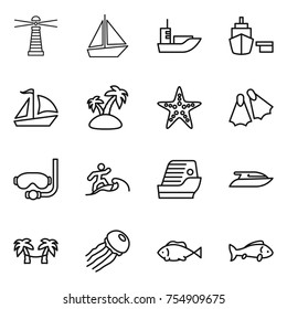 thin line icon set : lighthouse, boat, sea shipping, port, sail, island, starfish, flippers, diving mask, surfer, cruise ship, yacht, palm hammock, jellyfish, fish