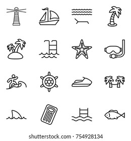 thin line icon set : lighthouse, sail boat, lounger, palm, island, pool, starfish, diving mask, surfer, handwheel, jet ski, hammock, shark flipper, inflatable mattress, fish