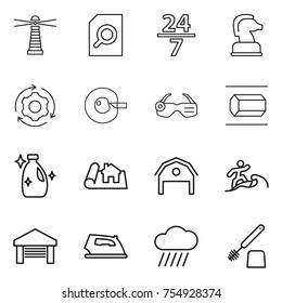 thin line icon set : lighthouse, search document, 24 7, chess horse, around gear, cell corection, smart glasses, nano tube, cleanser, project, barn, surfer, garage, iron, rain cloud, toilet brush