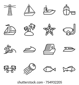 thin line icon set : lighthouse, boat, sea shipping, port, sail, island, starfish, diving mask, surfer, jet ski, cruise ship, yacht, palm hammock, jellyfish, fish