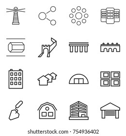 thin line icon set : lighthouse, molecule, round around, server, nano tube, greate wall, bridge, building, houses, hangare, panel house, construction, office, garage