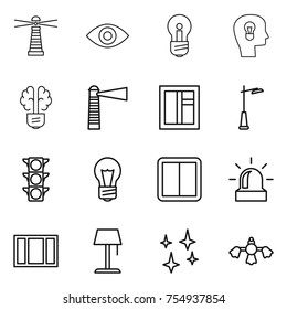 thin line icon set : lighthouse, eye, bulb, head, brain, window, outdoor light, traffic, power switch, alarm, floor lamp, shining, hard reach place cleaning