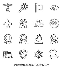 thin line icon set : lighthouse, dollar magnifier, flag, eye, plane, medal, bio, crypto currency, flammable, train, shield, handwheel, handle washing